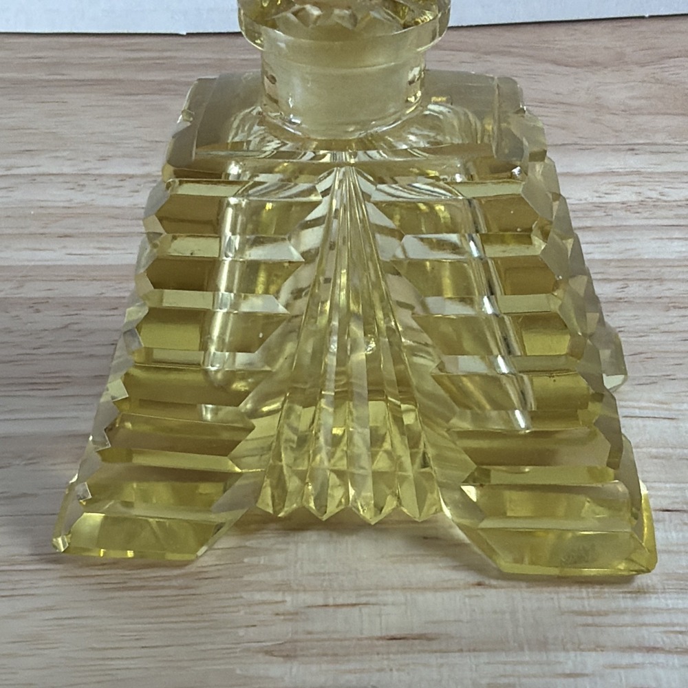 Art Deco Yellow Cut Crystal Glass Etched Perfume Bottle With Stopper Czech - Picture 9 of 15